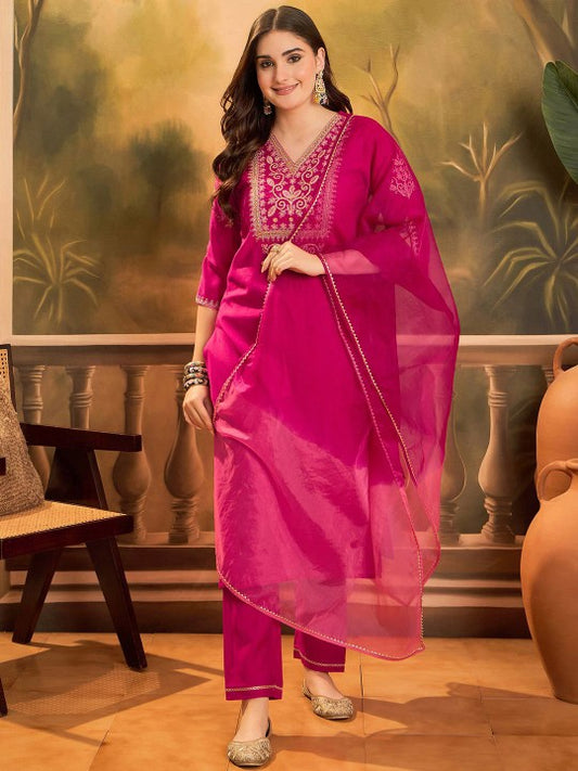 Floral Yoke Design V-Neck Sequinned Straight Kurta