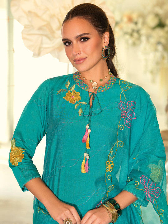 Indo Era Women Floral Embroidered Regular Thread Work Kurta with Trousers & With Dupatta