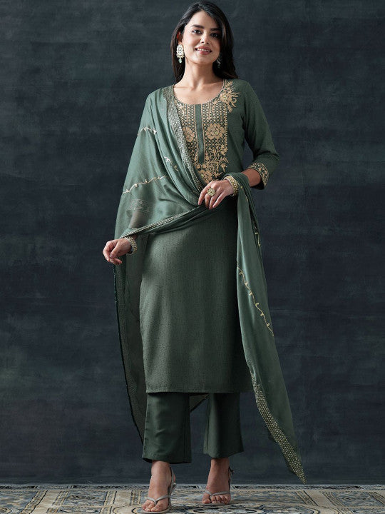 Gerua By Libas Floral Embroidered Thread Work Straight Kurta With Trousers & Dupatta