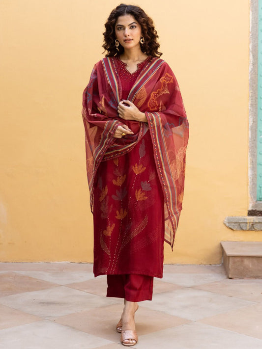 AUTUMN LANE Floral Printed Beads and Stones Straight Kurta with Trousers & Dupatta