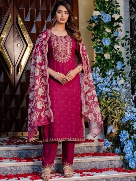 AUTUMN LANE Ethnic Motifs Embroidered Sequinned Pure Cotton Kurta with Trousers & Dupatta