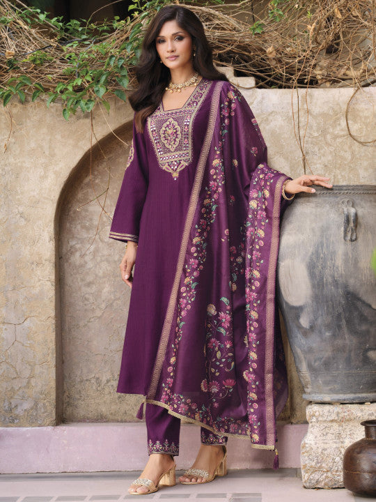 AUTUMN LANE Falaknama Orchid Floral Yoke Design Pure Cotton Kurta With Trousers & Dupatta