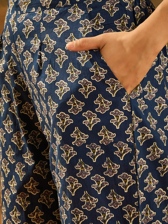 Floral Printed V-Neck Sequinned Cotton Straight Kurta With Trouser & Dupatta