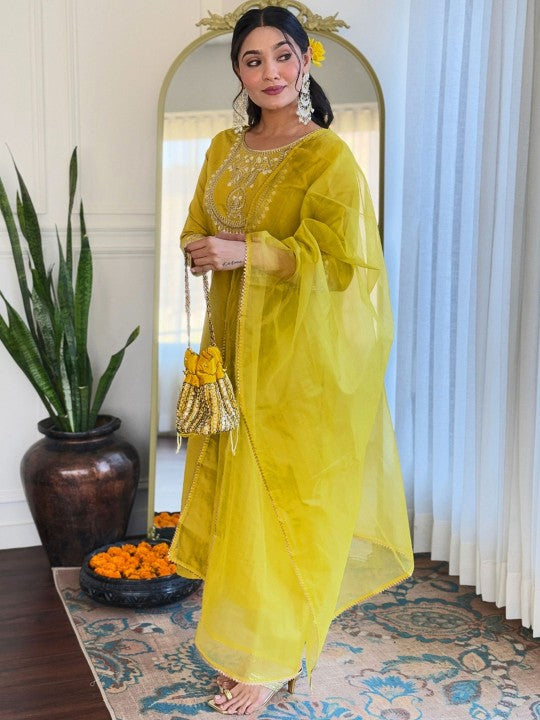 Floral Yoke Design Thread Work Kurta With Trousers & Dupatta