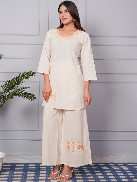 TULSILICIOUS Embroidered Round Neck Organic Cotton Tunic With Palazzos