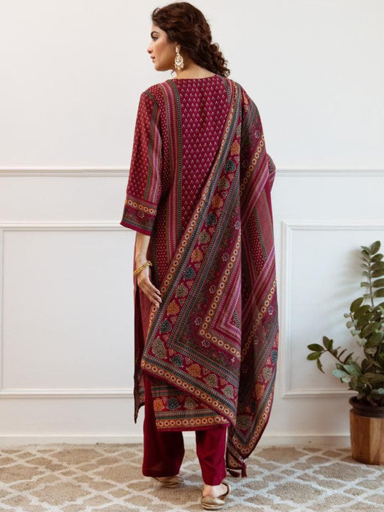 Anouk Floral Printed Pure Silk Straight Kurta with Trousers & Dupatta