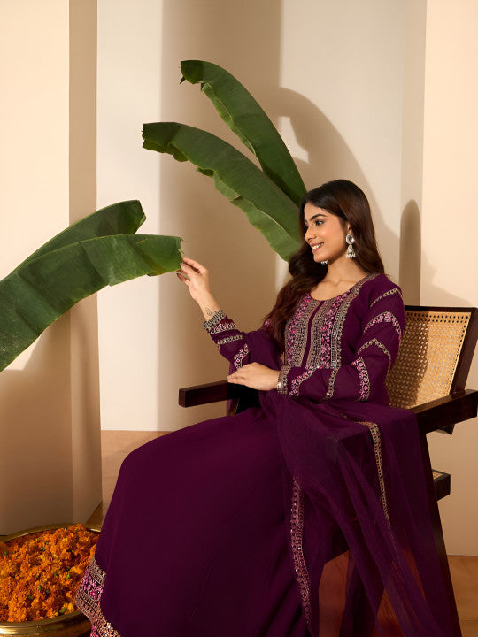Inddus Ethnic Motifs Embroidered Empire Anarkali Kurta With Trousers & Dupatta