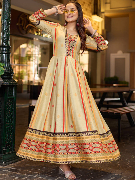 HERE&NOW Floral Rayon Line Embroidery Work Anarkali Gown
