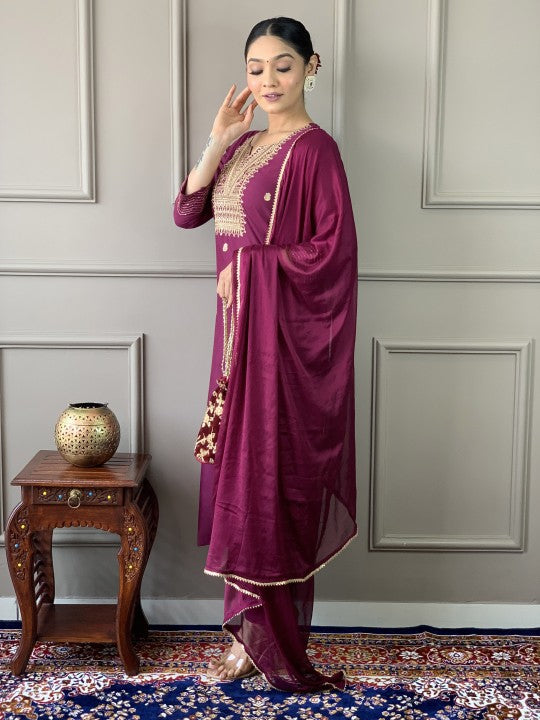 Fabdeal Floral Embroidered Zari Notch Neck Straight Kurta With Trouser And Dupatta