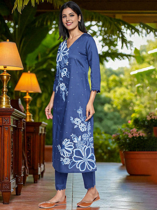 W Floral Printed V-Neck A-line Kurta With Trousers And Dupatta