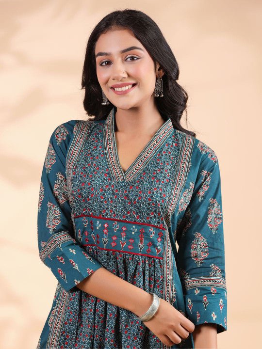Vbuyz Ethnic Motifs Printed Cotton A-Line Midi Dress