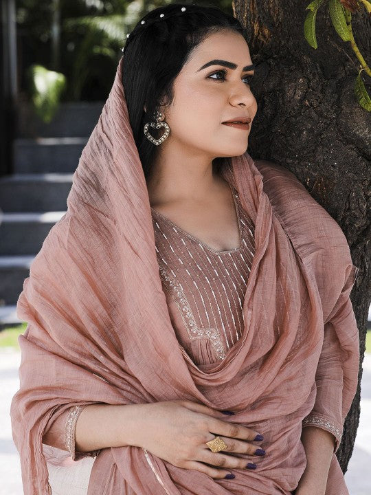 AAHRA Geometric Yoke Design Sequinned Square Neck Chanderi Silk Kurta