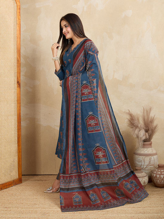 BEYOND ETHNIC Women Floral Printed A-Line Cotton Kurta with Palazzos with Dupatta