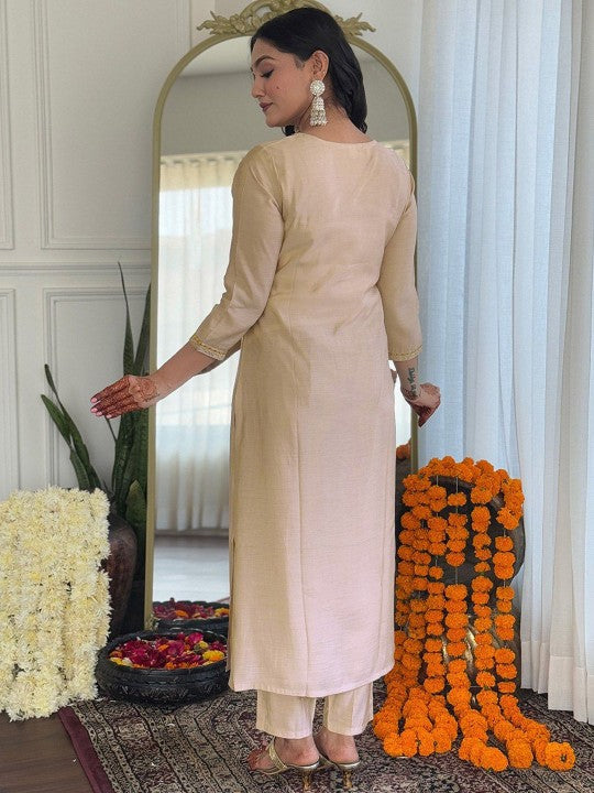 Floral Yoke Design Sequinned Straight Kurta With Trousers & Dupatta