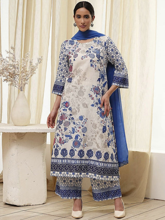 Biba Floral Printed Round Neck Pure Cotton Straight Kurta With Palazzos And Dupatta