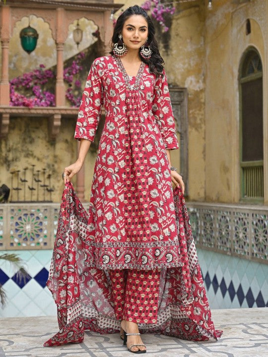 AUTUMN LANE Floral Printed Empire V-Neck Pure Cotton Kurta with Palazzo And Dupatta