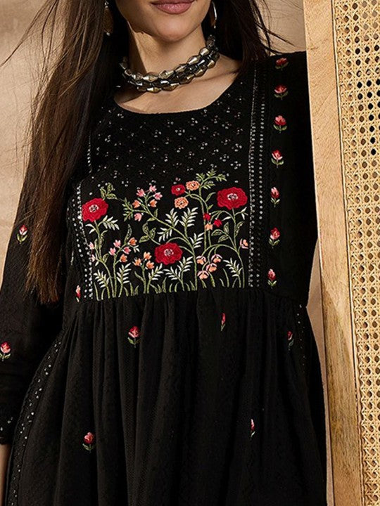 CHETI Floral Embroidered Thread Work Organic Cotton Straight Kurta With Trousers & Dupatta