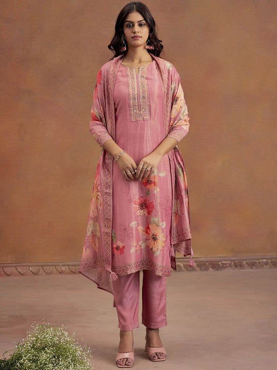 Jaipur Kurti Ethnic Motifs Embroidered Sequinned Straight Kurta With Trousers & Dupatta