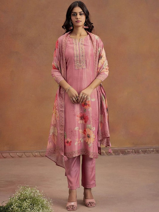 Jaipur Kurti Ethnic Motifs Embroidered Sequinned Straight Kurta With Trousers & Dupatta