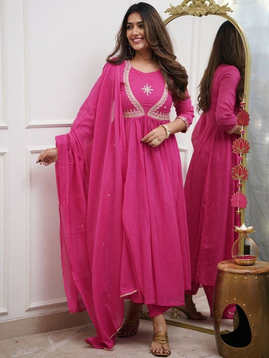 Floral Yoke Design Empire Sequinned Pure Cotton Kurta With Trousers & Dupatta