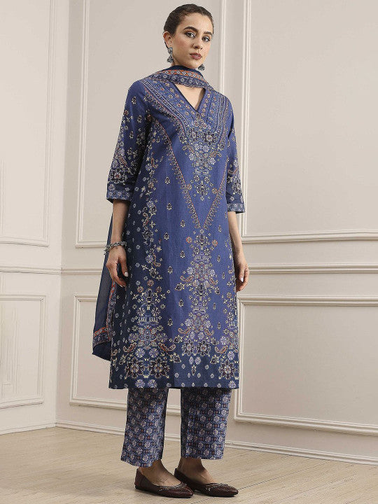 Biba Women Ethnic Motifs Printed Cotton Kurta with Palazzos & Dupatta