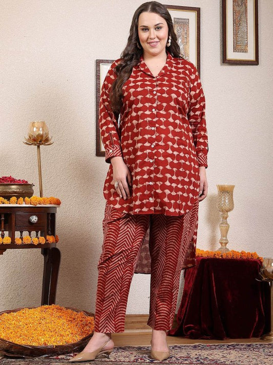 Sringam Printed Lapel Collar Long Sleeves Pure Cotton Top With Trouser