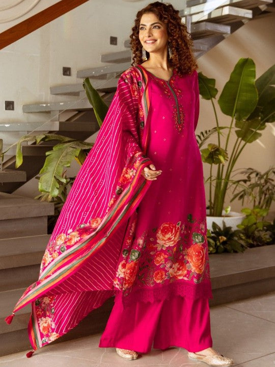 AUTUMN LANE Kabool Rani Floral Printed Pure Cotton Kurta With Trousers & Dupatta