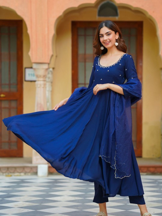 Ambraee Floral Yoke Design Empire Beads and Stones Anarkali Kurta With Trousers & Dupatta