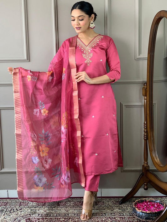 Ishin V-Neck Floral Yoke Design Sequinned Straight Kurta with Trouser & Dupatta