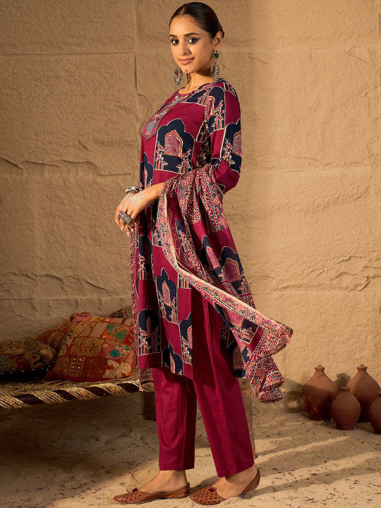 Indo Era Printed Straight Kurta & Trousers With Dupatta set