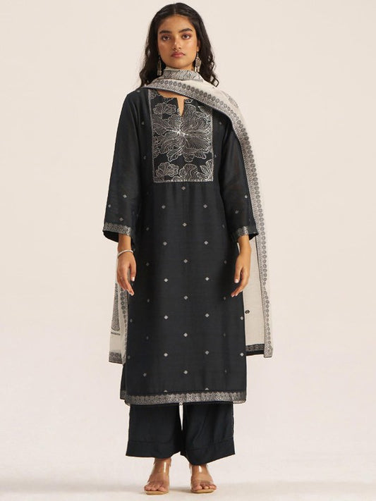 Ganga Floral Woven Design Sequinned Linen Straight Kurta