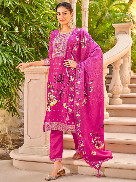 House of Pataudi Women Floral Embroidered Kurta With Trousers & Dupatta Kurta Sets