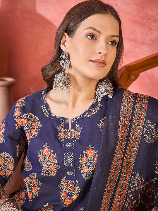 Vastramyaa Floral Printed Notch Neck Cotton Straight Kurta With Trousers & Dupatta
