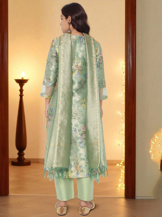 W Floral Printed Regular V-neck A-line Kurta With Trousers And Dupatta