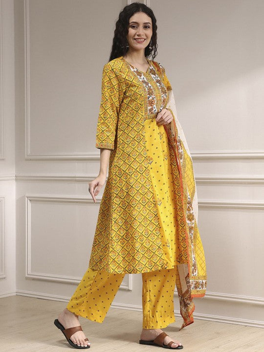 Biba Floral Printed V-Neck Pure Cotton A-Line Kurta With Palazzos & Dupatta