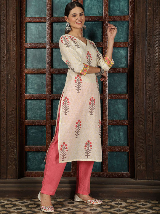 Taavi Floral Hand Block Print Pure Cotton V Neck Straight Kurta With Trousers & Dupatta