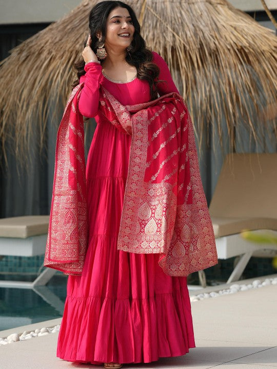 BAHU PALACE Tiered Pure Roman Chanderi Silk Anarkali Kurta