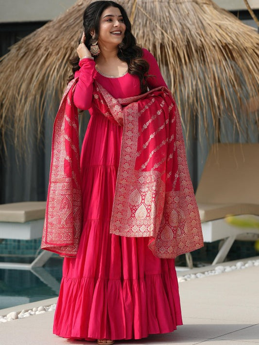 BAHU PALACE Tiered Pure Roman Chanderi Silk Anarkali Kurta