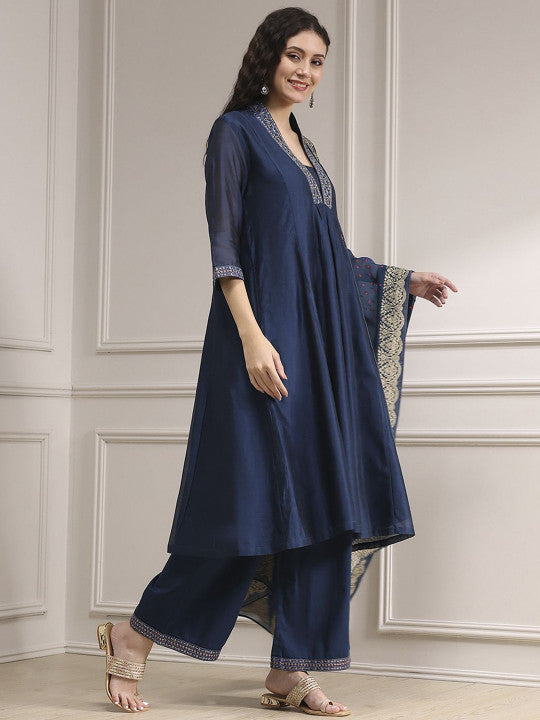 Biba Women Ethnic Motifs Embroidered Regular A-Line Kurta with Palazzos & With Dupatta