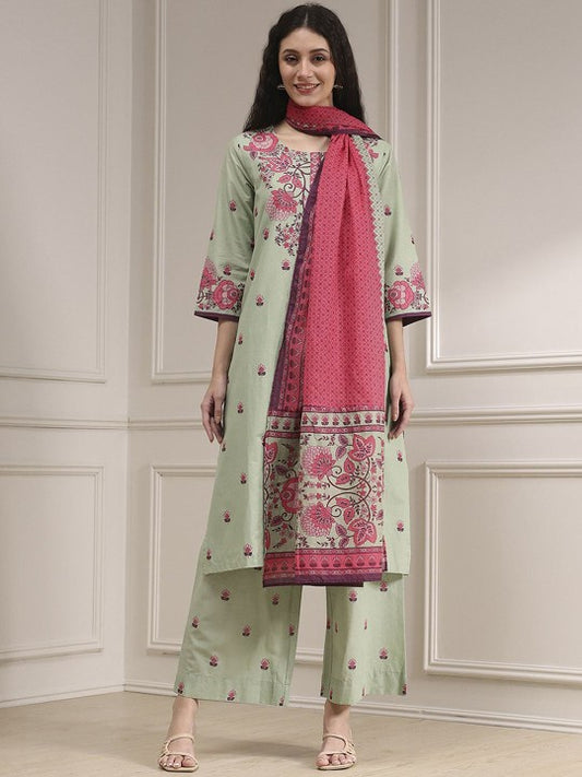 Biba Floral Printed Round Neck Pure Cotton Straight Kurta With Palazzos & Dupatta