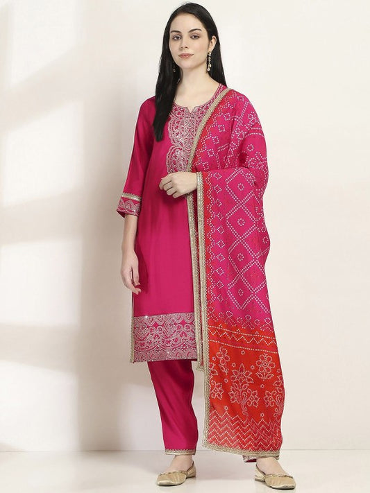 Floral Yoke Design Thread Work Straight Kurta with Trouser & Dupatta