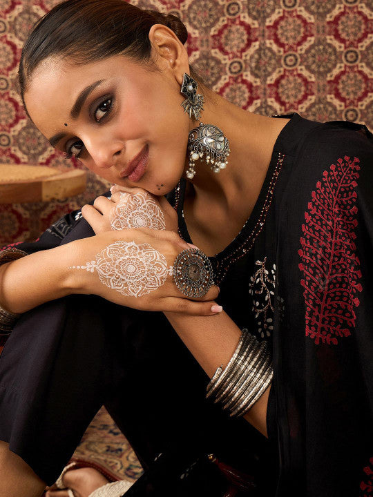 Indo Era Floral Printed Tie-Up Neck Pure Cotton Straight Kurta & Trousers With Dupatta