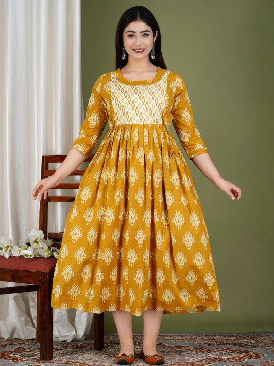 BHAGLI Ethnic Motifs Printed Mandarin Collar A-Line Maternity Ethnic Dresses