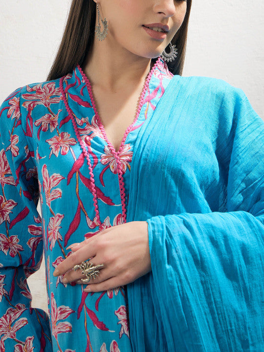 Floral Printed Pure Cotton A-Line Kurta With Palazzos And Dupatta