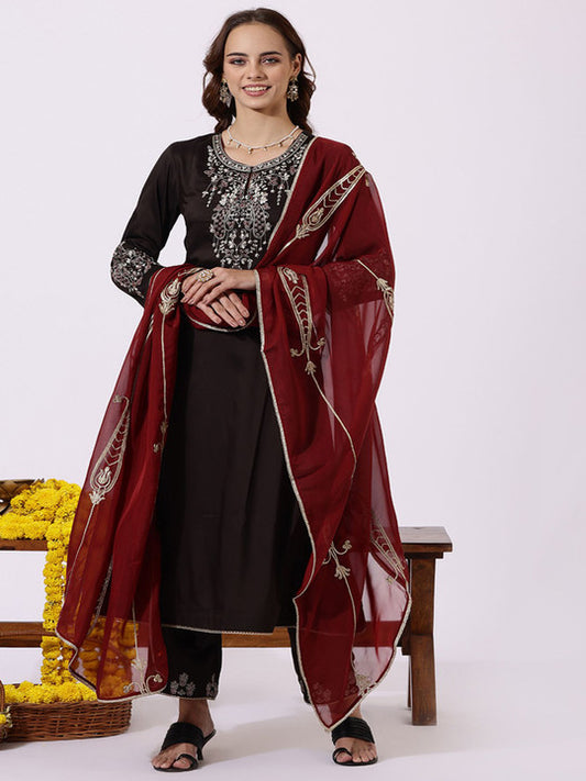 W Floral Embroidered Zari A-line Kurta With Trouser And Dupatta