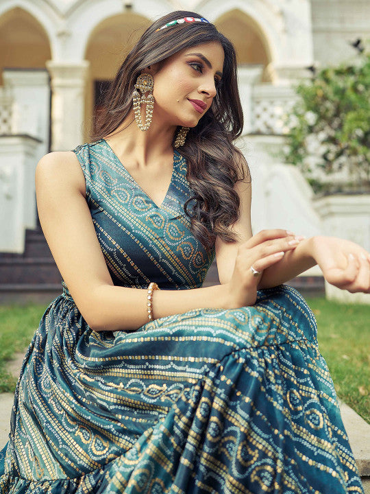 CHANSI Bandhani Printed V Neck Ethnic Dressess