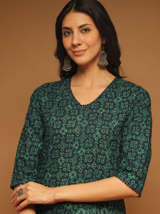 Anouk Floral Printed V-Neck Pure Cotton Kurta With Trousers & Dupatta