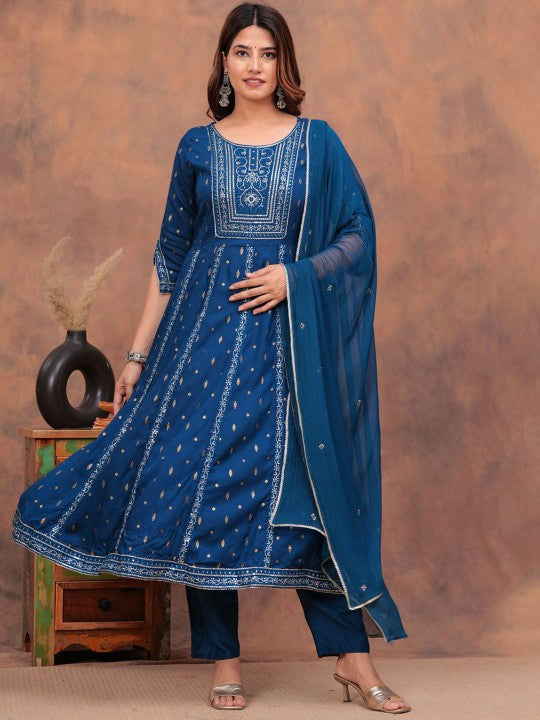 TOULIN Floral Printed Zari Anarkali Kurta With Palazzos & Dupatta