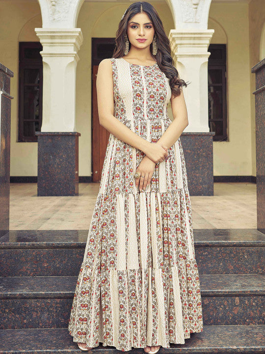 CHANSI Floral Printed Pleated Flared Maxi Dress