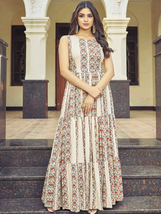 CHANSI Floral Printed Pleated Flared Maxi Dress